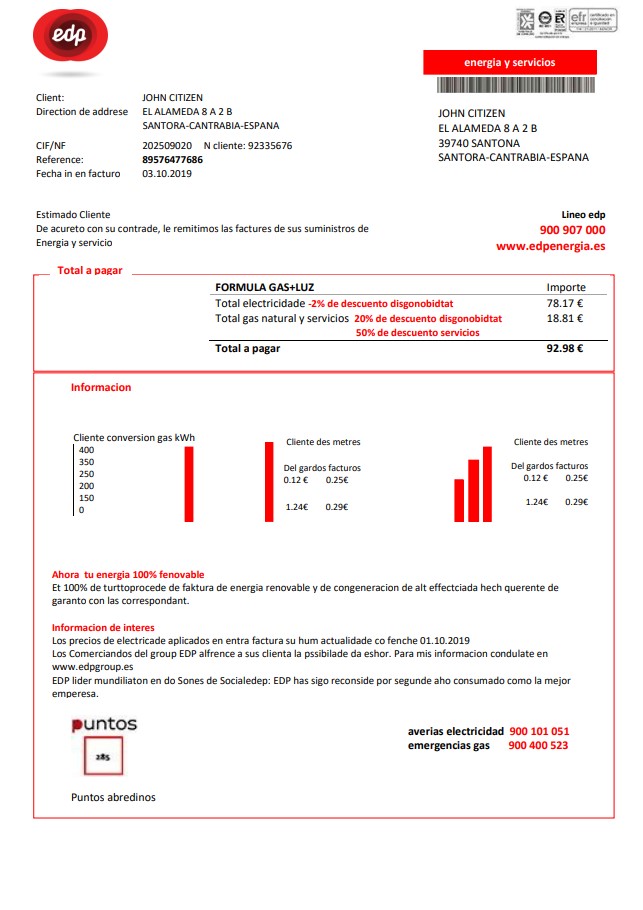 Spain EDP Energia utility bill template in Word and PDF format